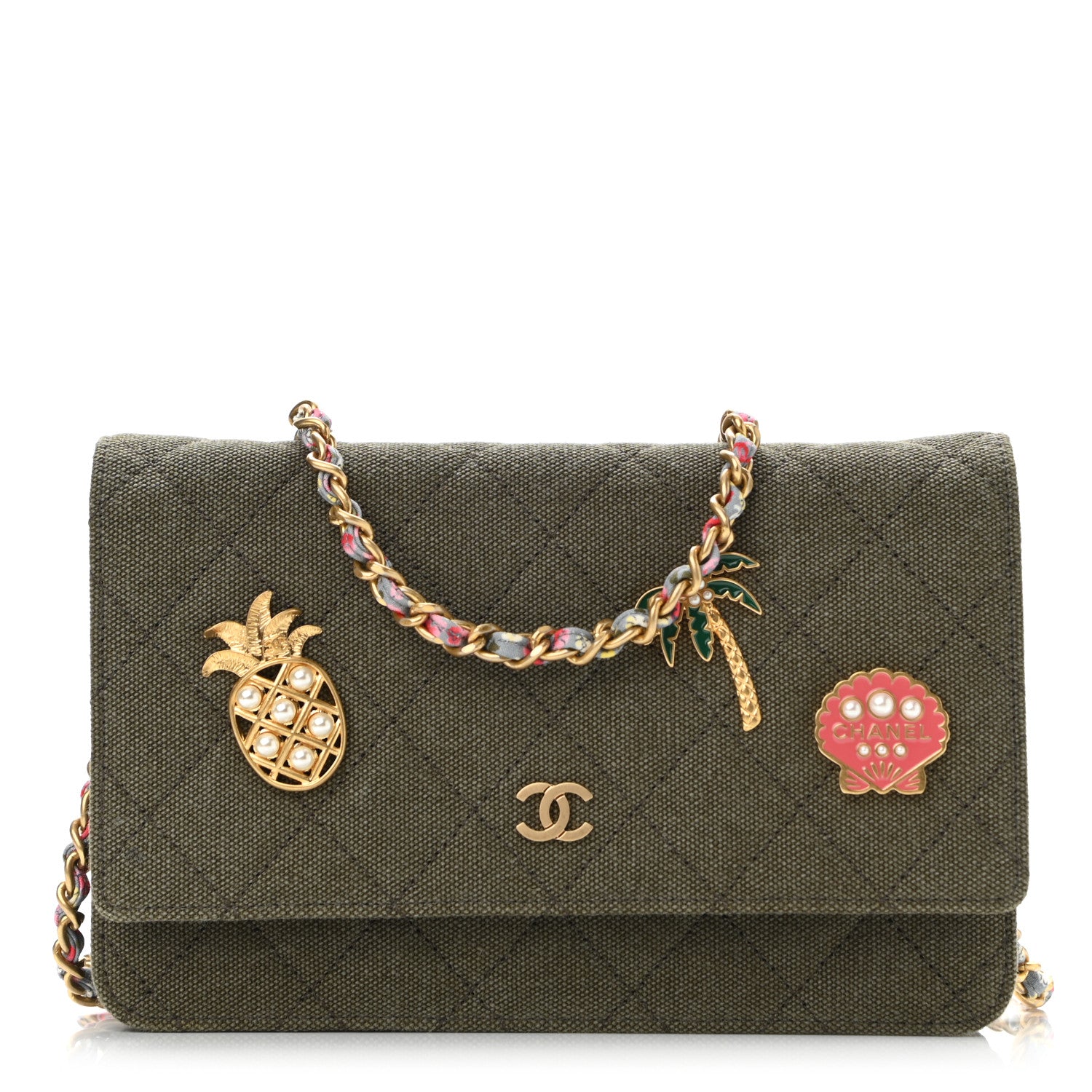 Chanel Canvas Quilted Coco Cuba Charms Wallet On Chain WOC Khaki 1 of 10