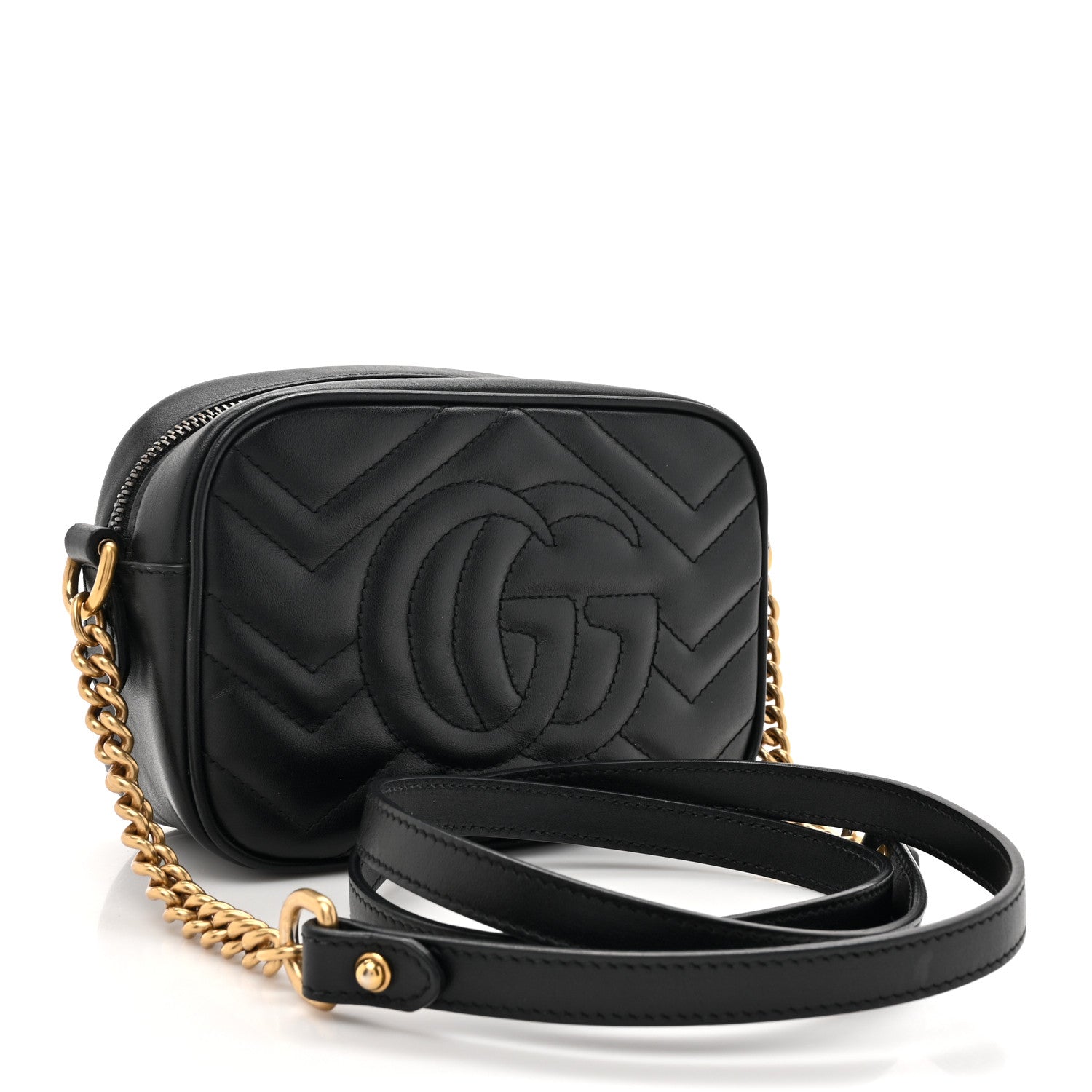 Gucci Calfskin Matelasse Mini GG Marmont Chain Shoulder Bag Black 2 of 11
