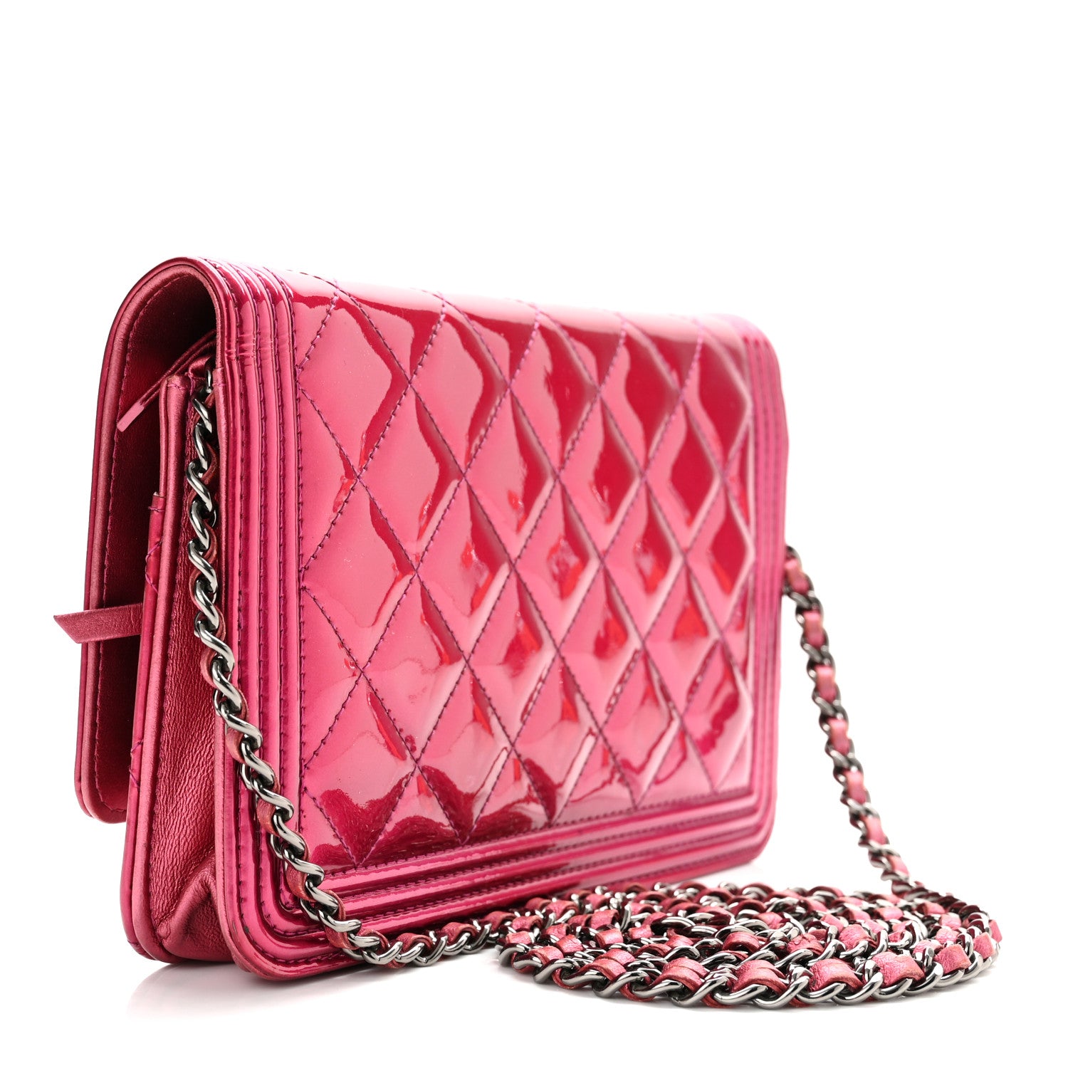 Chanel Metallic Patent Calfskin Quilted Boy Wallet On Chain WOC Fuchsia 3 of 11