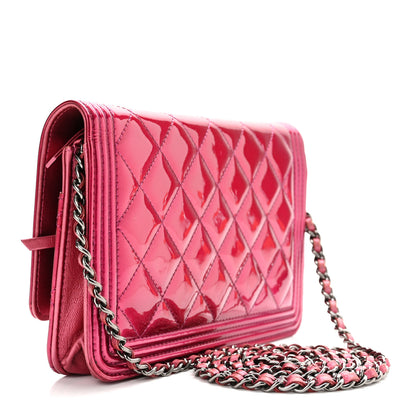 Chanel Metallic Patent Calfskin Quilted Boy Wallet On Chain WOC Fuchsia 3 of 11
