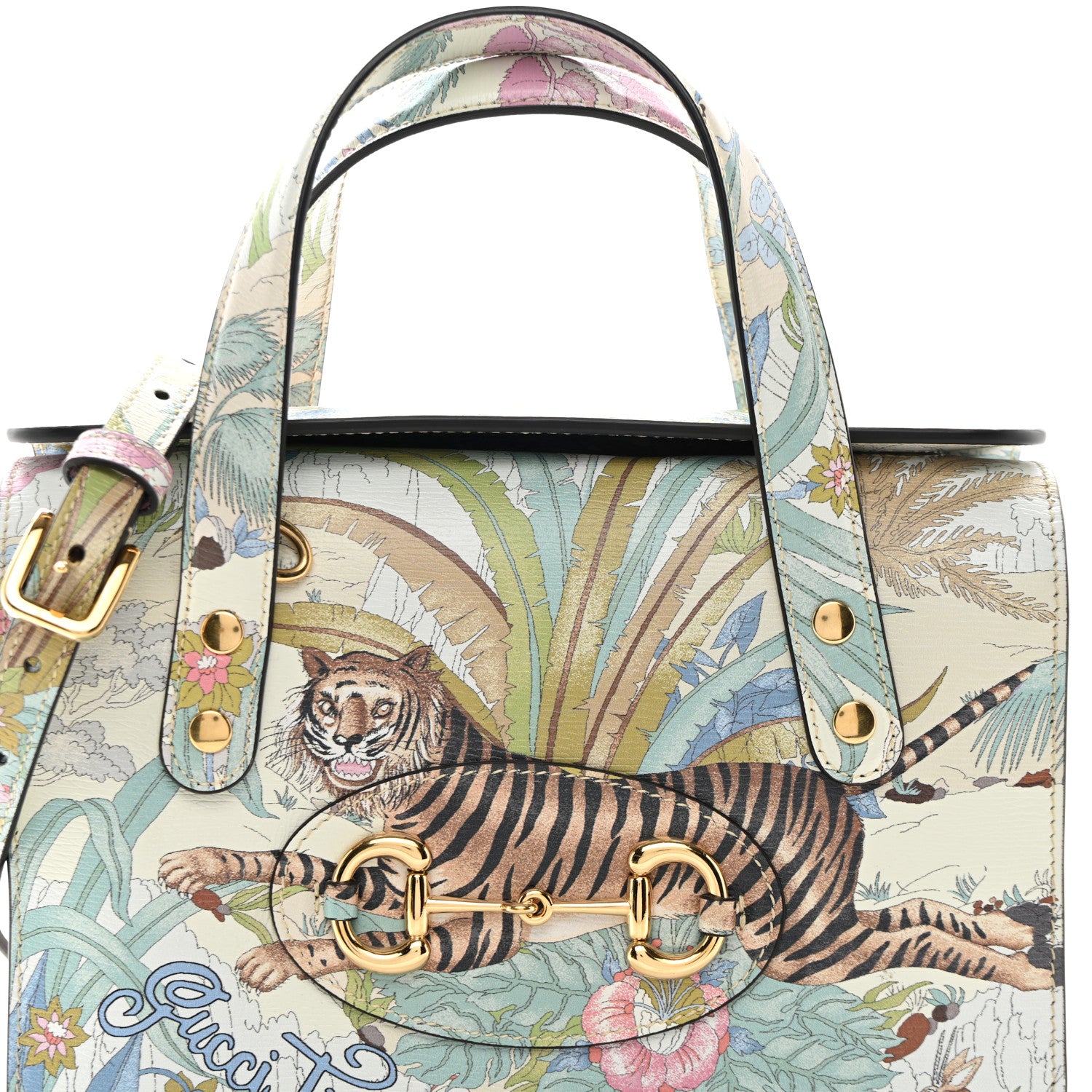 Gucci New Shangai Calfskin Tiger Savanah Mini Horsebit 1955 Foldover Top Handle Bag Chalky White Multicolor 9 of 11