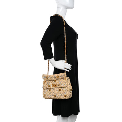 Valentino Garavani Raffia Crystal Medium Roman Stud Shoulder Bag Naturale Crystal 2 of 11