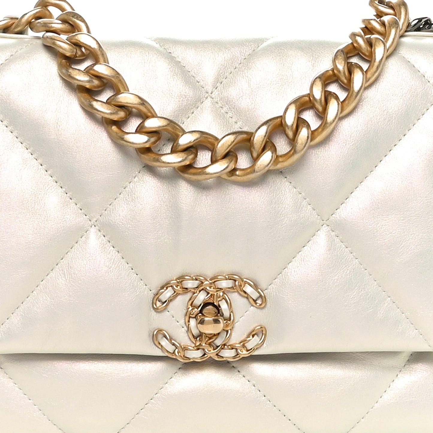 Iridescent Calfskin Quilted Large Chanel 19 Flap White