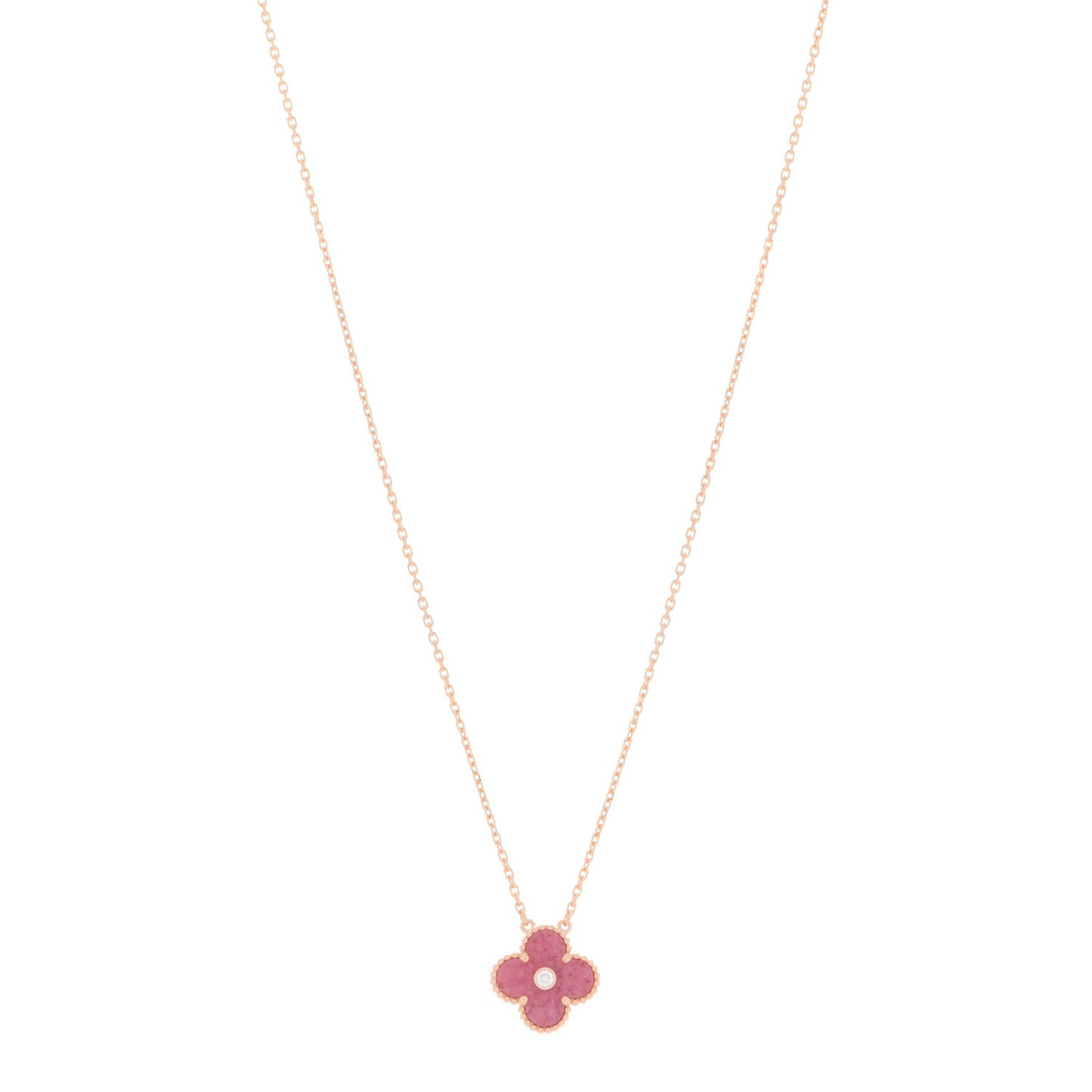 18K Rose Gold Diamond Rhodonite Vintage Alhambra Pendant Necklace