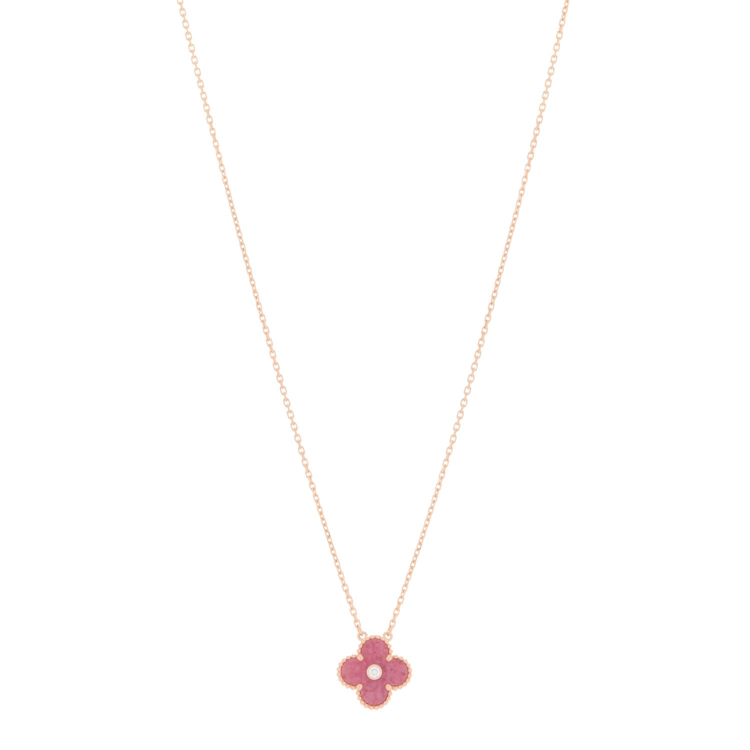 Van Cleef & Arpels 18K Rose Gold Diamond Rhodonite Vintage Alhambra Pendant Necklace 1 of 6