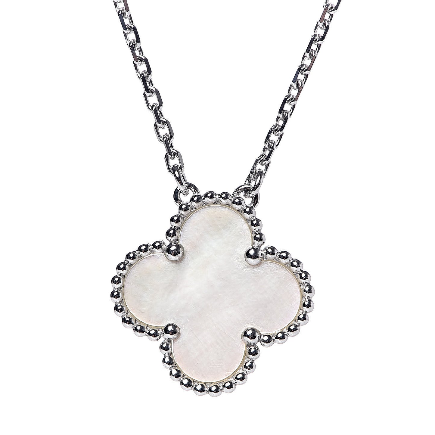 18K White Gold Mother of Pearl Vintage Alhambra Pendant Necklace