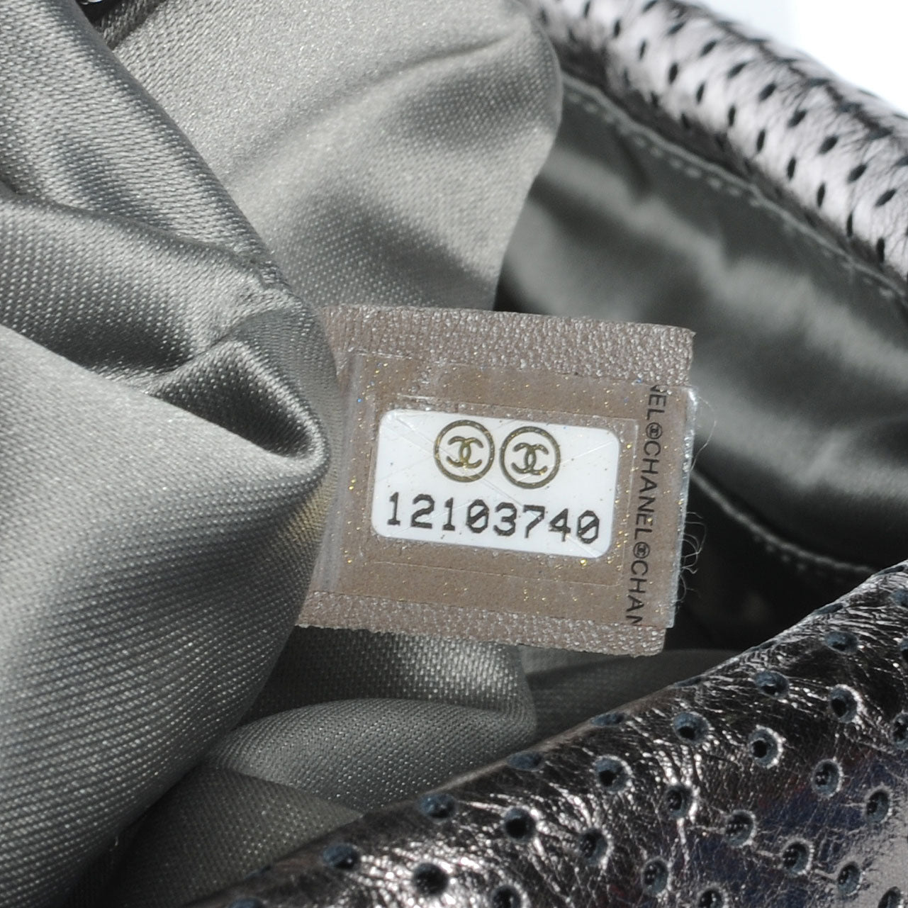 Metallic Crackled Calfskin Perforated Drill Flap Silver