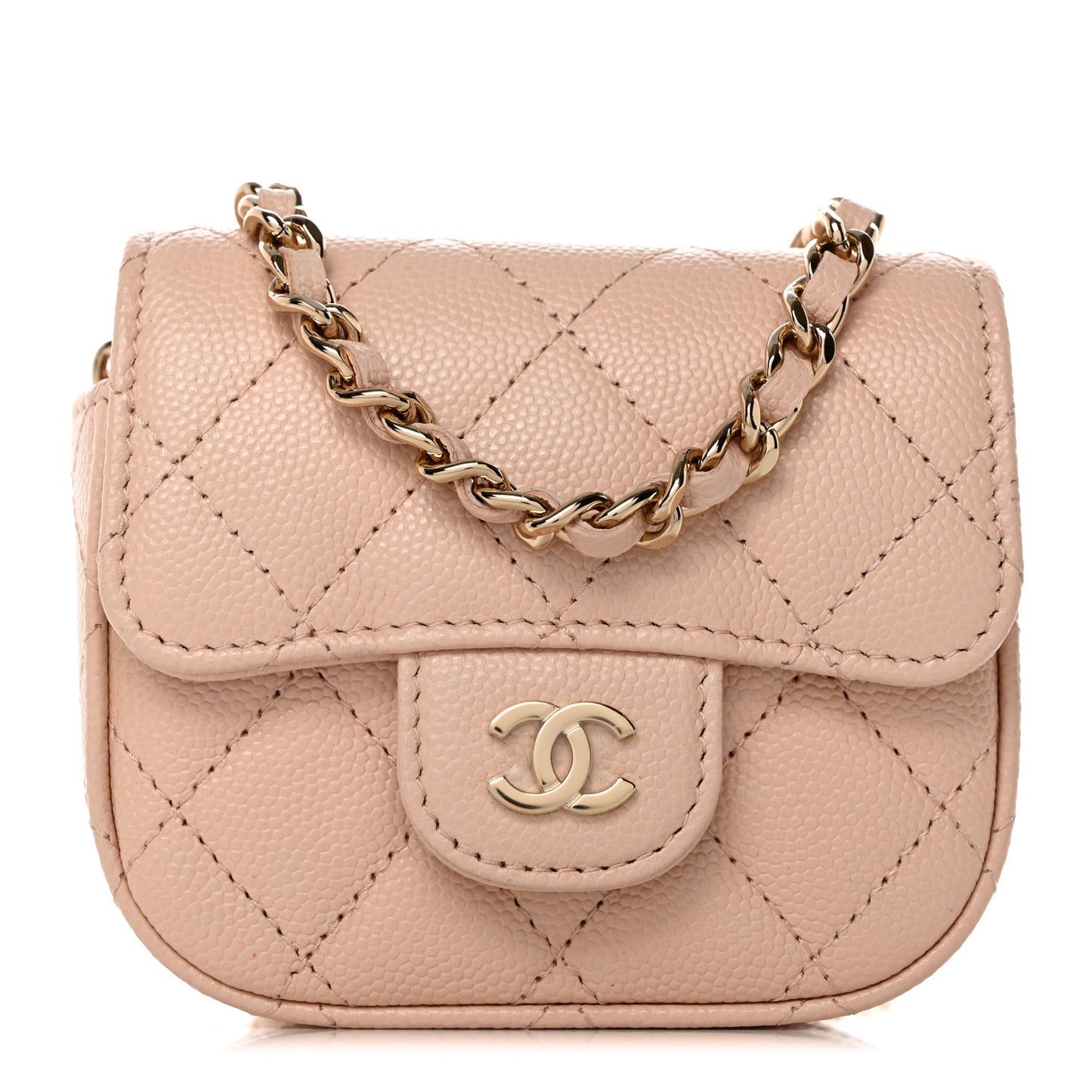 Caviar Quilted Mini Clutch With Chain Light Beige