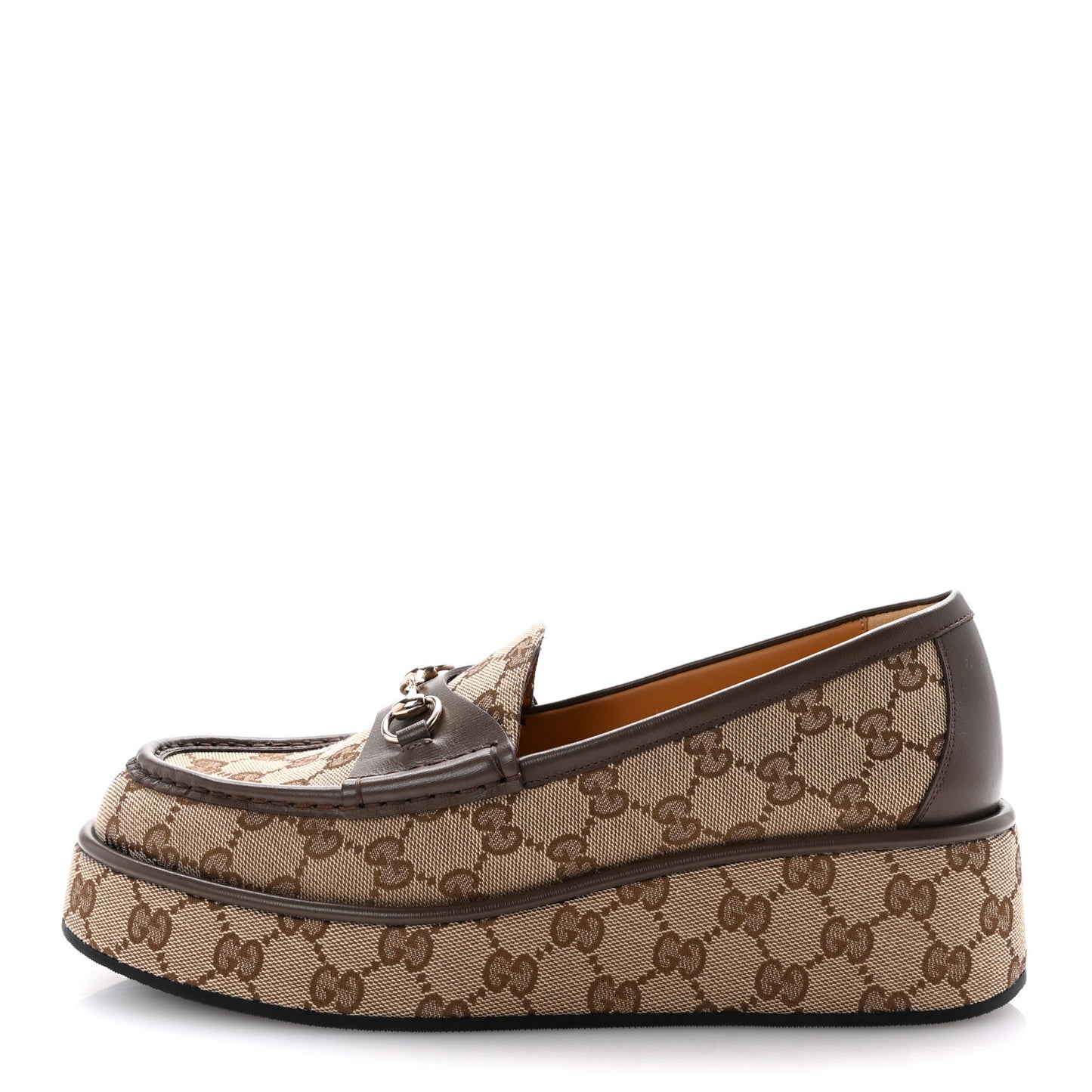 Monogram Horsebit Calfskin Womens Horsebit Wedge Platform Loafers 41 Beige Ebony