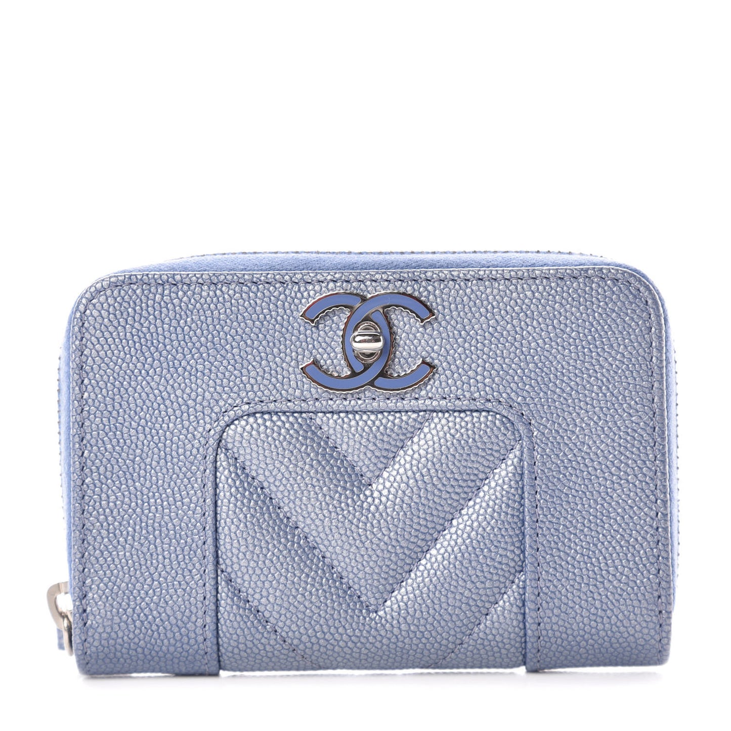 Metallic Caviar Chevron Quilted Vintage Mademoiselle Zip Coin Purse Light Blue