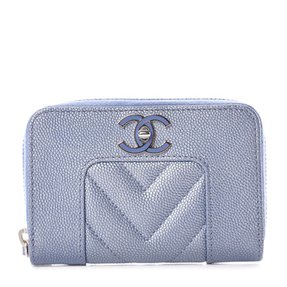 Chanel Metallic Caviar Chevron Quilted Vintage Mademoiselle Zip Coin Purse Light Blue 1 of 10