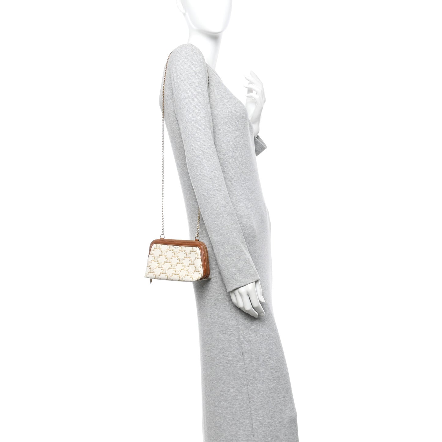 Lambskin Triomphe Canvas Clutch With Chain White Tan
