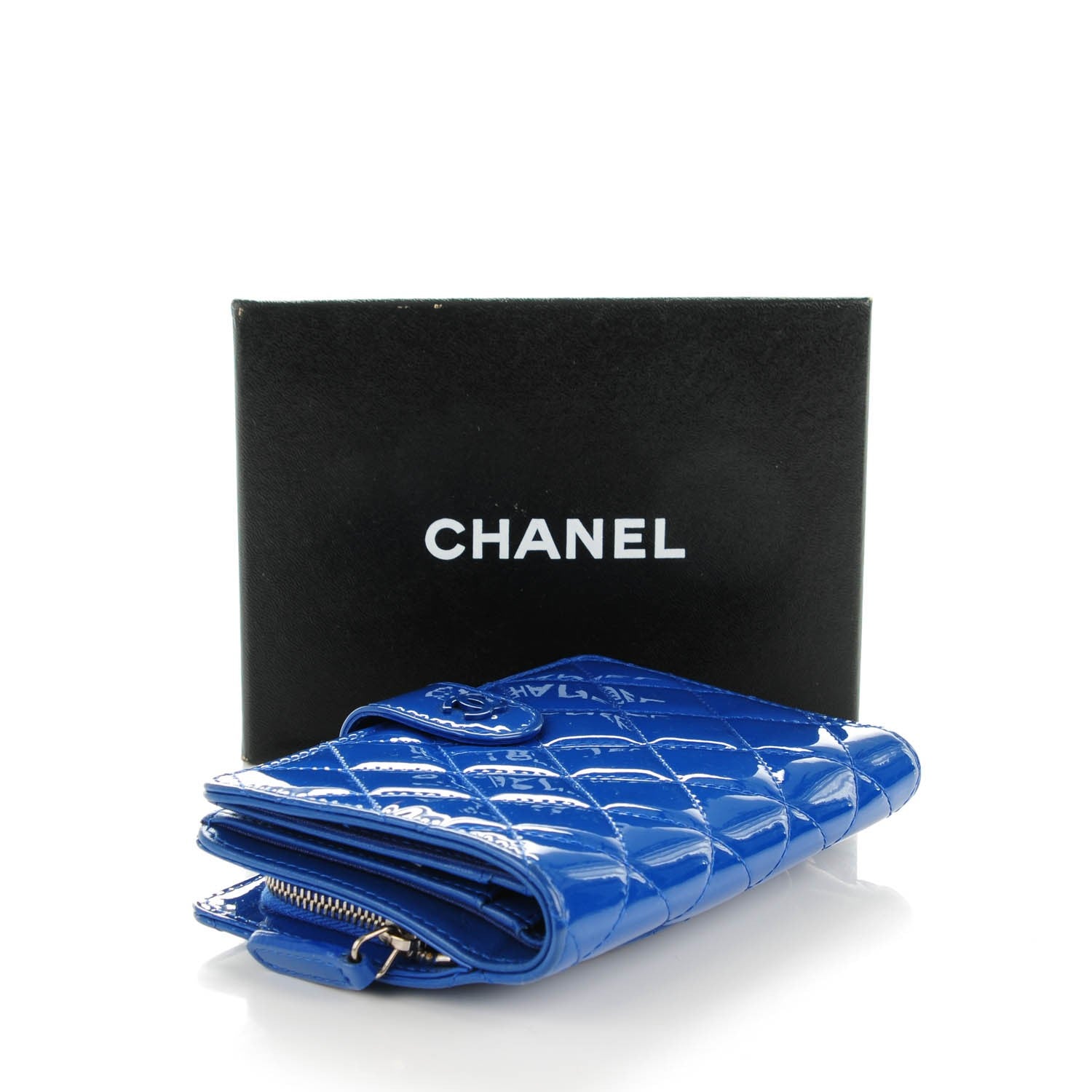 Chanel Patent Quilted Zip Pocket Wallet Blue 4 of 8