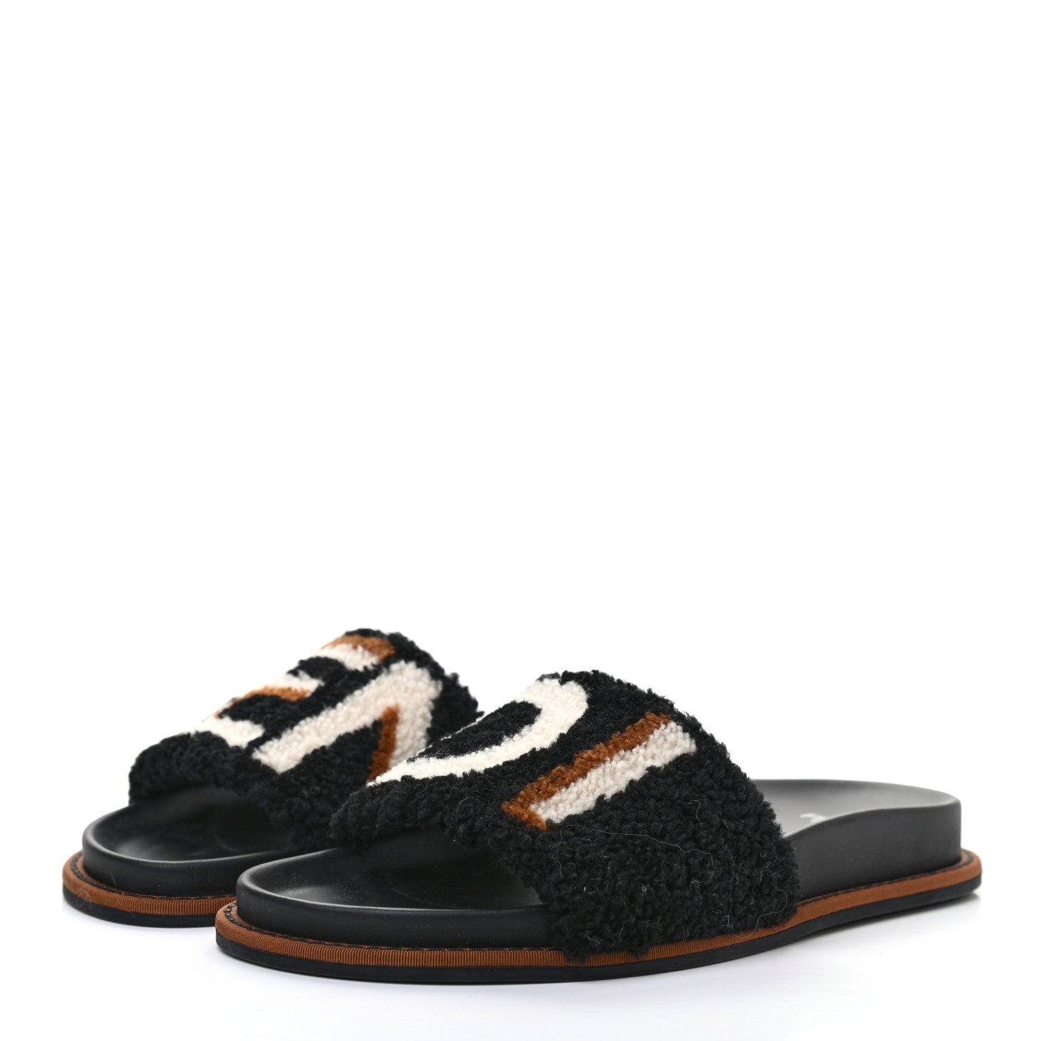 Fendi Shearling Logo Slide Sandals 37 Black Latte Brownie 3 of 8
