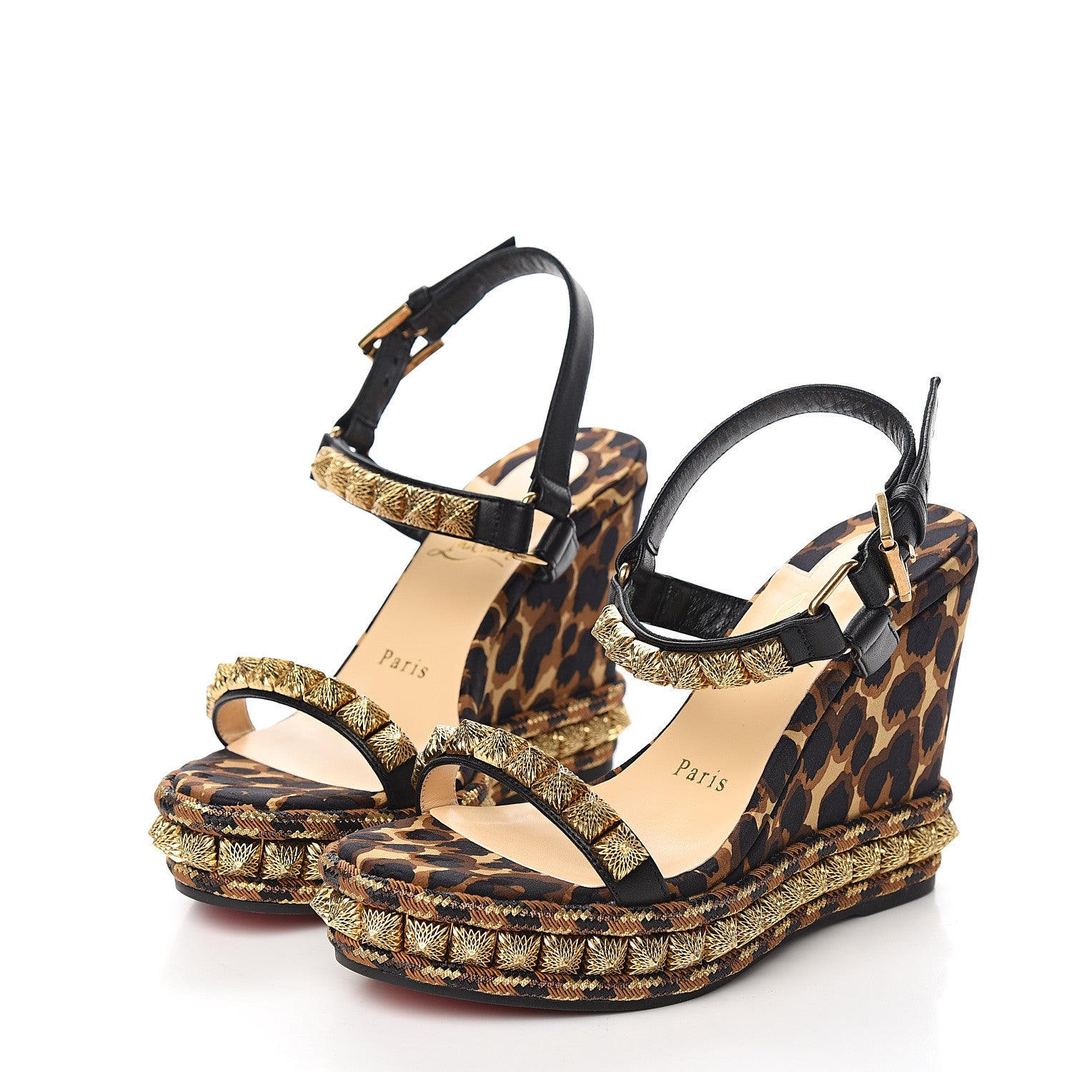 Christian Louboutin Nappa Silk Leopard Pira Ryad 110 Wedge Sandals 35 Black Marron 3 of 8