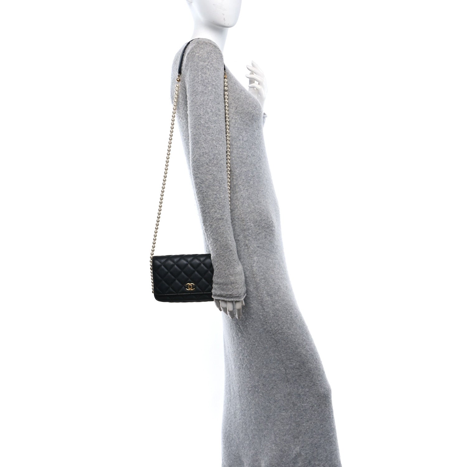Chanel Calfskin Quilted Pearl Wallet On Chain WOC Black 3 of 11