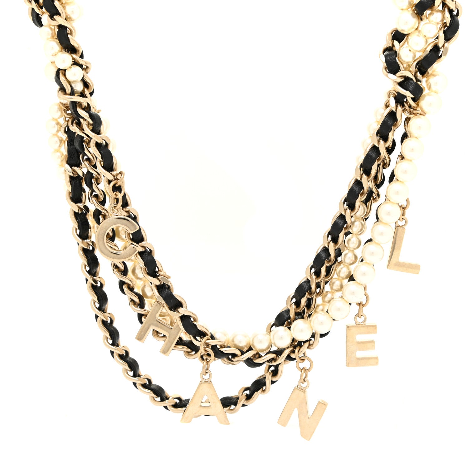 Chanel Lambskin Pearl Logo Chain Necklace Black Gold 4 of 6