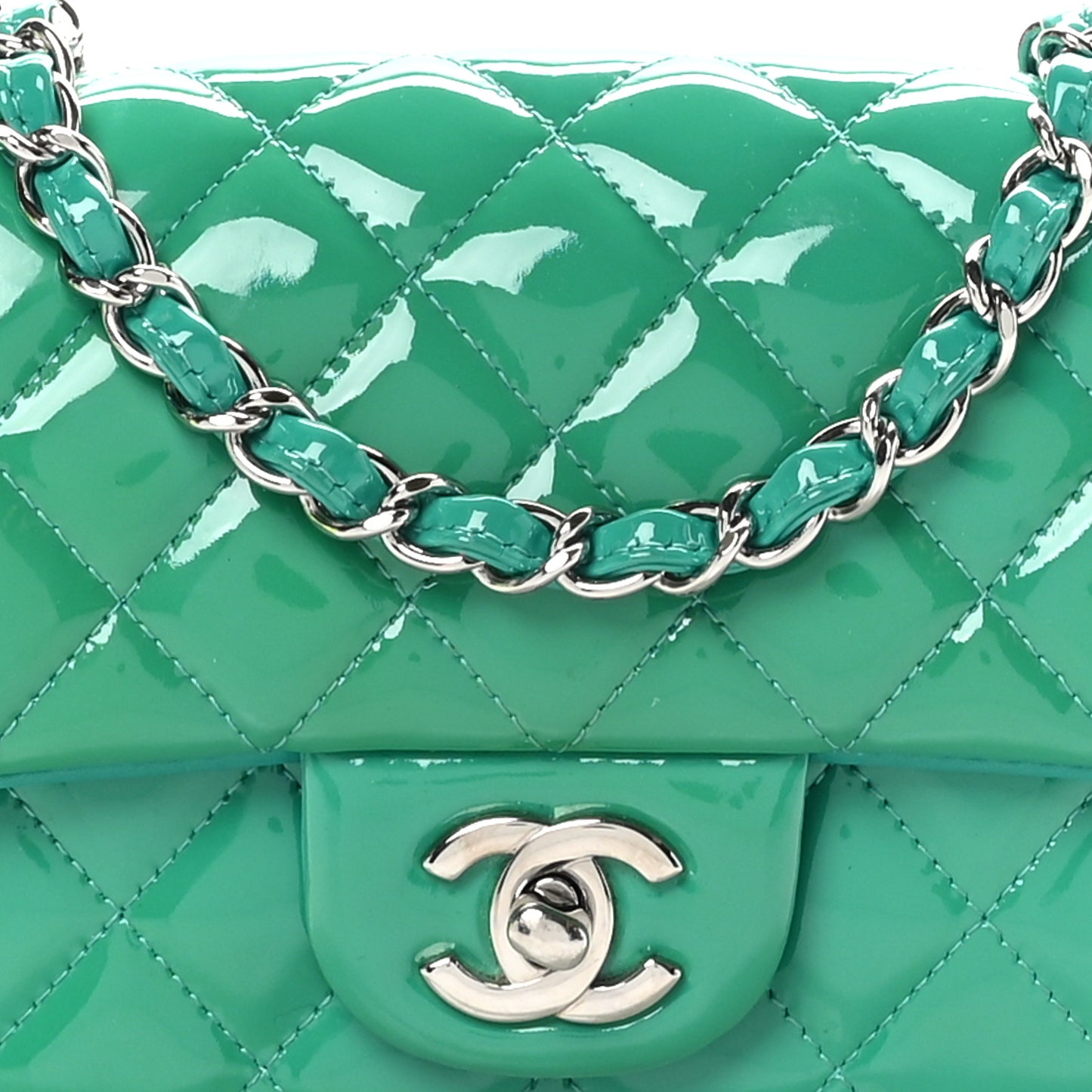 Patent Calfskin Quilted Mini Rectangular Flap Green