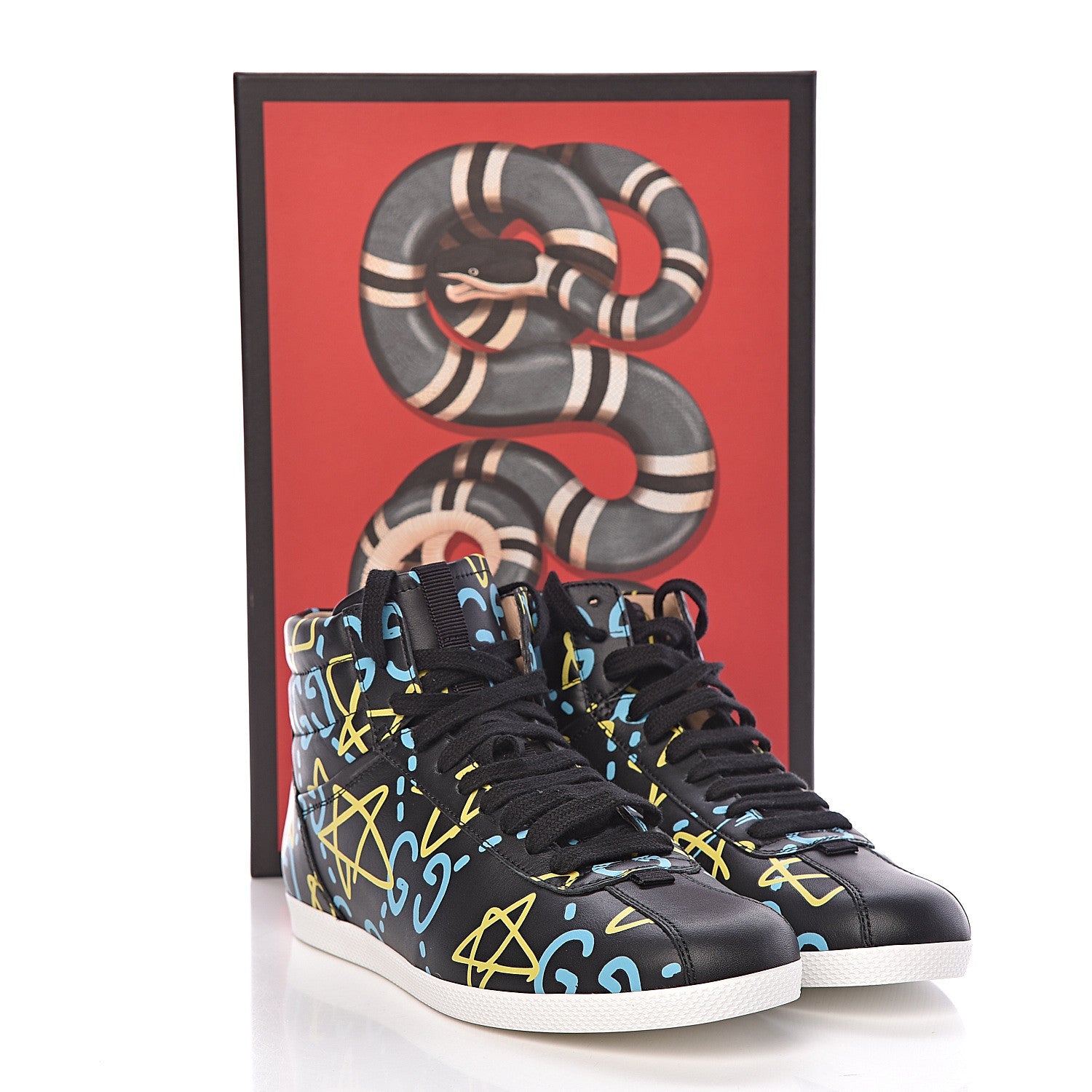 Gucci Calfskin GucciGhost Print Womens High Top Sneakers 37 Black New Acquamarine 9 of 9