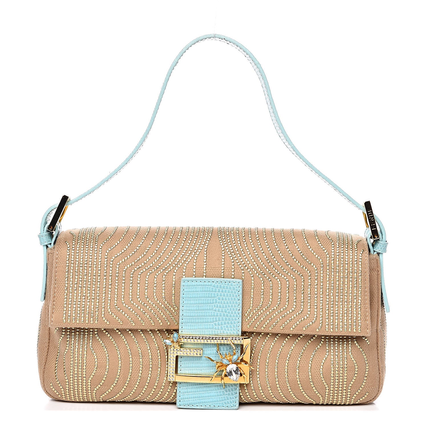 Fendi Fabric Calfskin Crystal Lizard Embossed Studded Baguette Tortora Celeste 1 of 12
