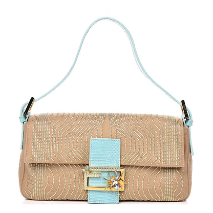 Fendi Fabric Calfskin Crystal Lizard Embossed Studded Baguette Tortora Celeste 1 of 12