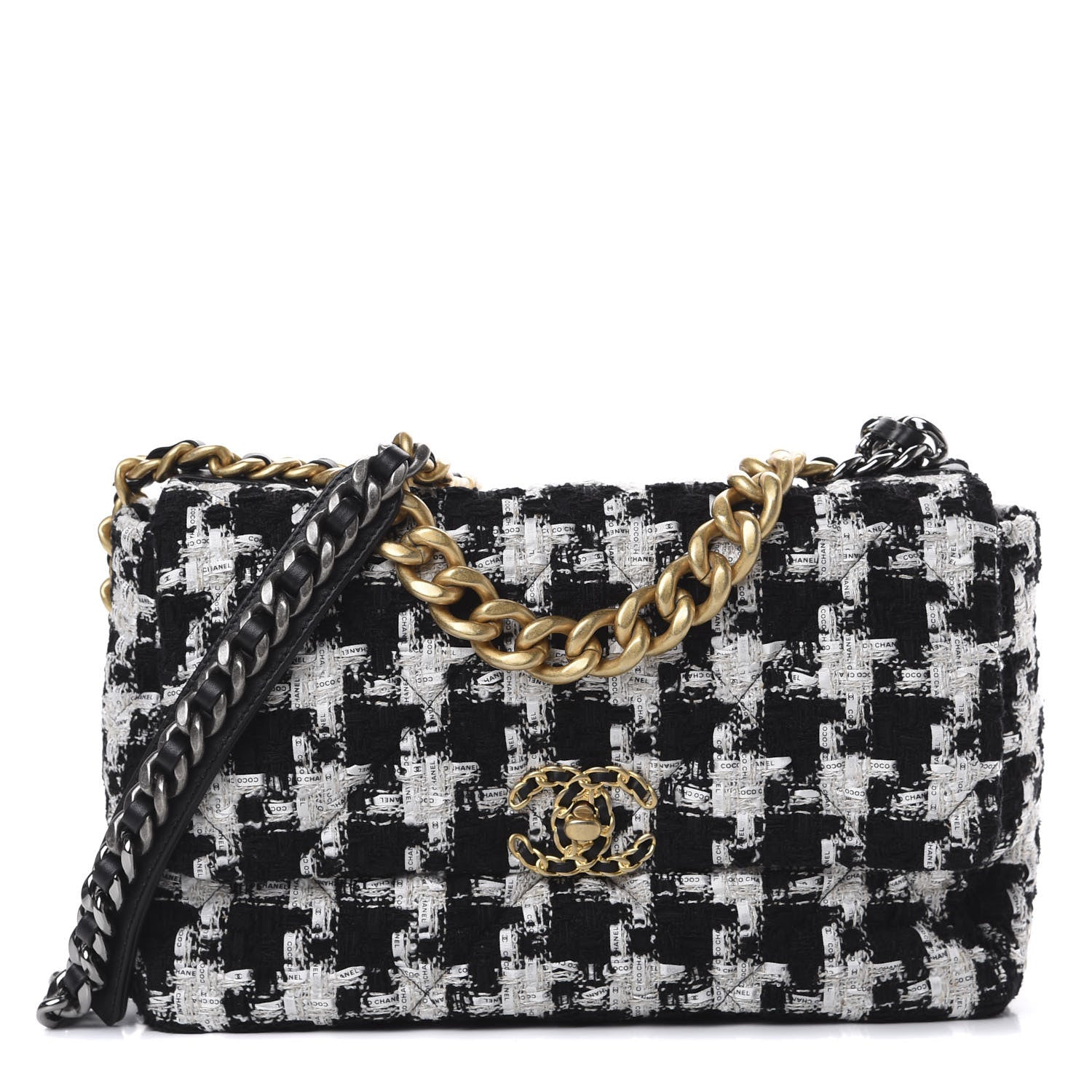 Chanel Tweed Quilted Large 19 Flap Black Ecru White 1 of 9