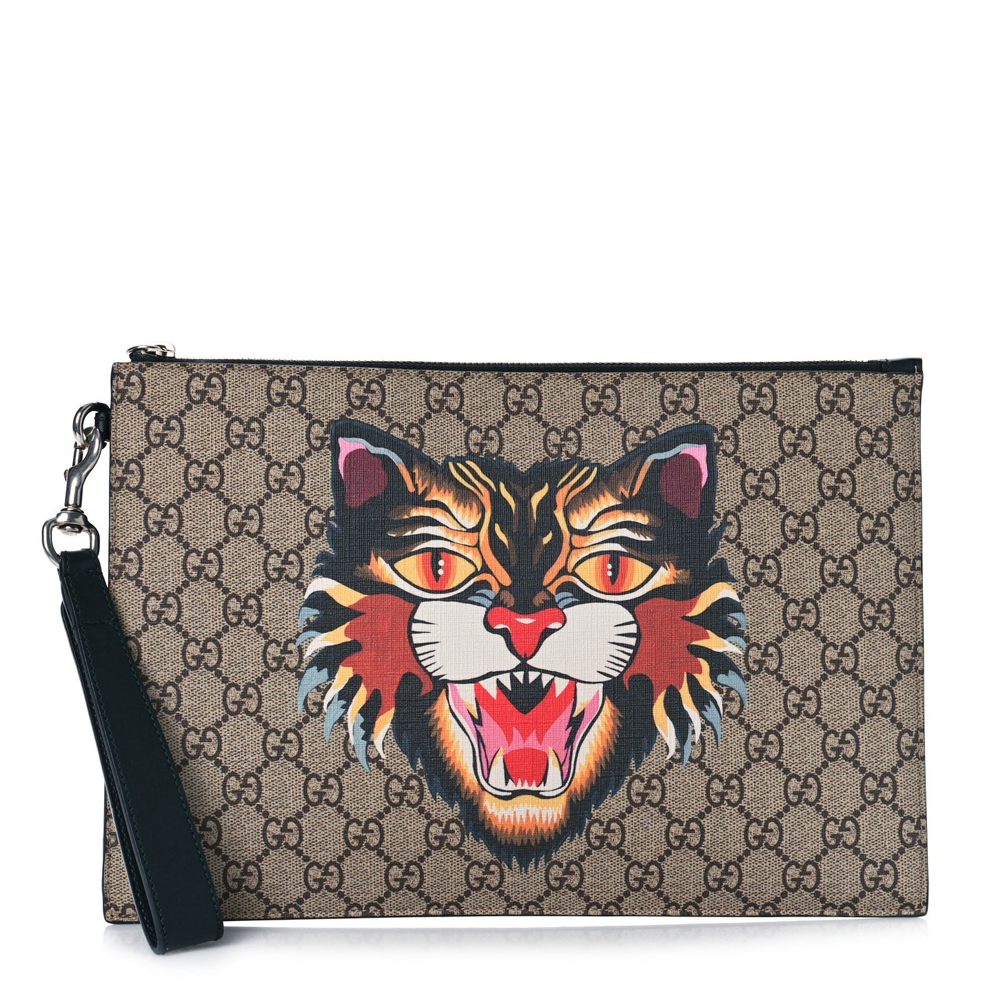 GG Supreme Monogram Angry Cat Zip Wristlet Pouch Beige