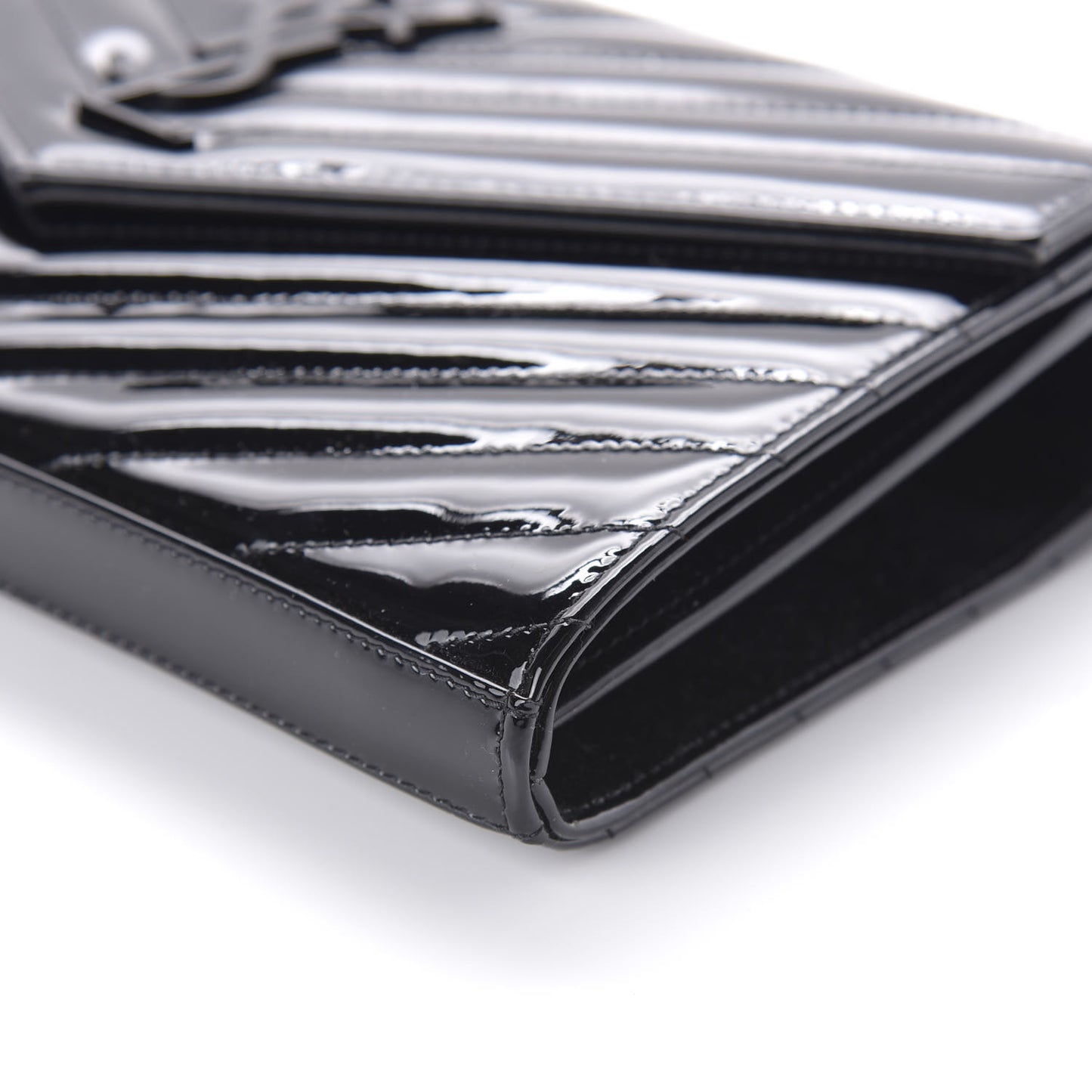 Patent Matelasse Chevron Monogram Chain Wallet Black