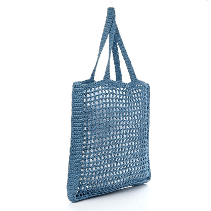 Prada Yarn Raffia Effect Crochet Logo Embroidered Tote Bag Celeste 3 of 9