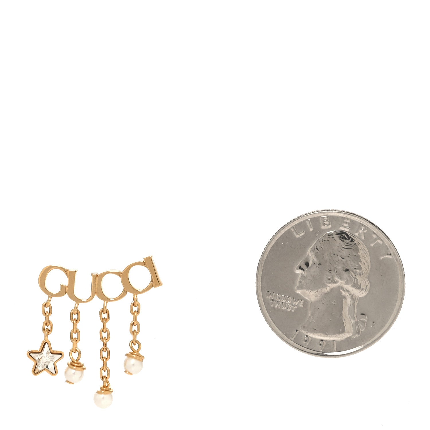 Gucci Metal Crystal Pearl Script Drop Single Earring Gold 2 of 4