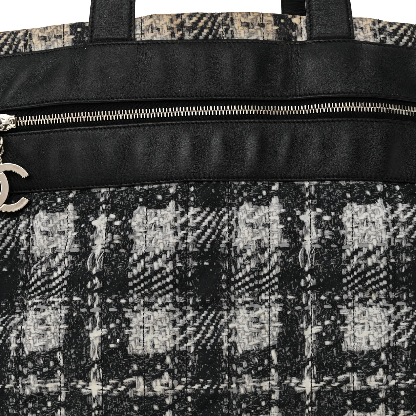 Lambskin Nylon Tweed Printed Tote Black White