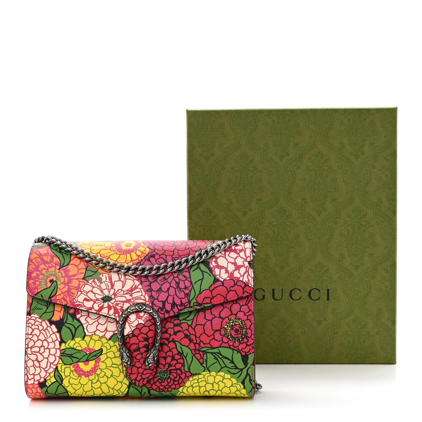 X KEN SCOTT Textured Calfskin Pomponica Print Mini Dionysus Chain Wallet Multicolor Fuxia Pompon