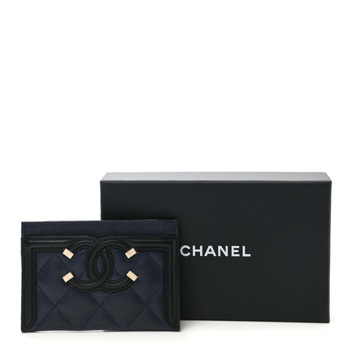 Caviar Quilted Filigree Card Holder Navy Black