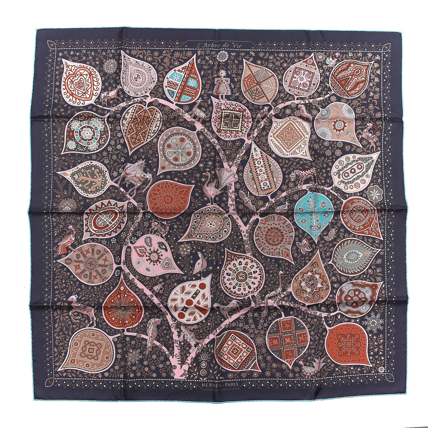Hermes Silk L'Arbre De Vie Scarf 90 Reglisse Vieux Rose Turquoise 1 of 6