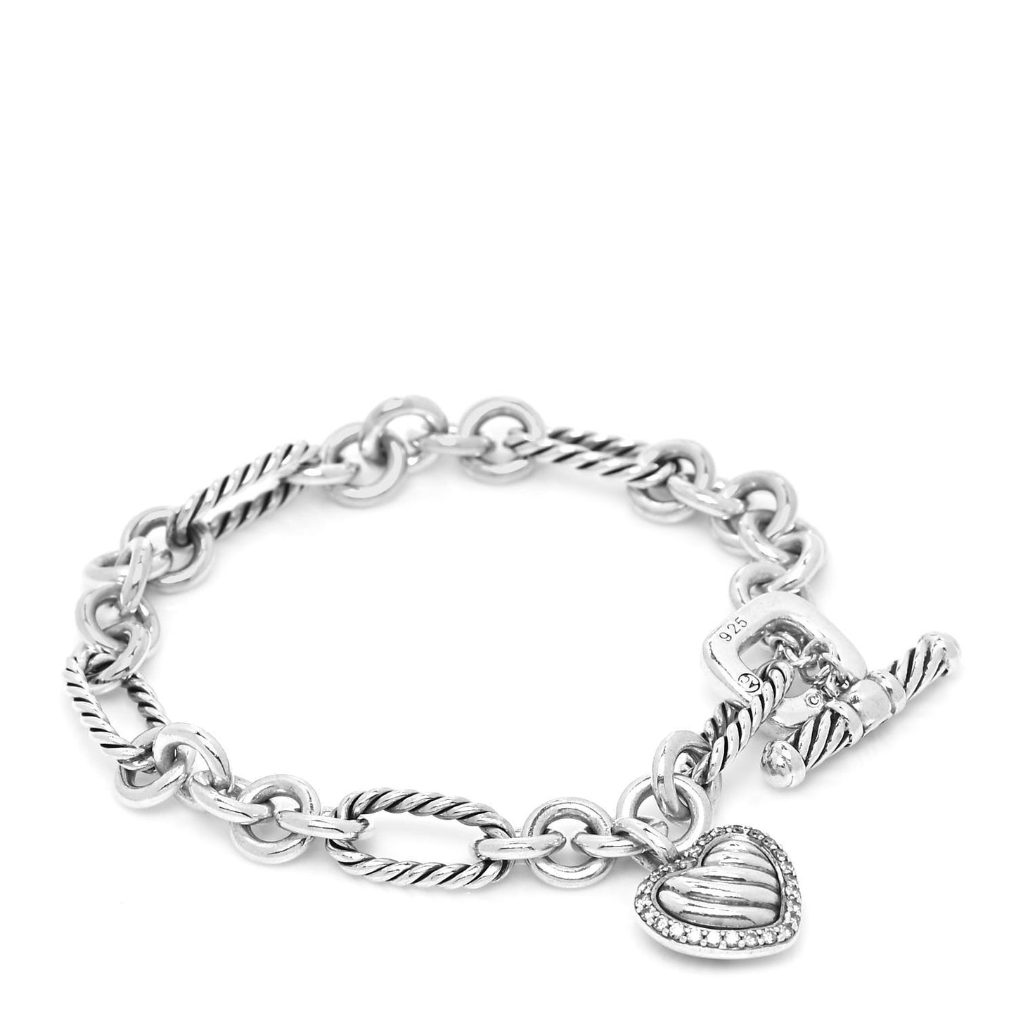 Sterling Silver Diamond Cable Heart Charm Bracelet