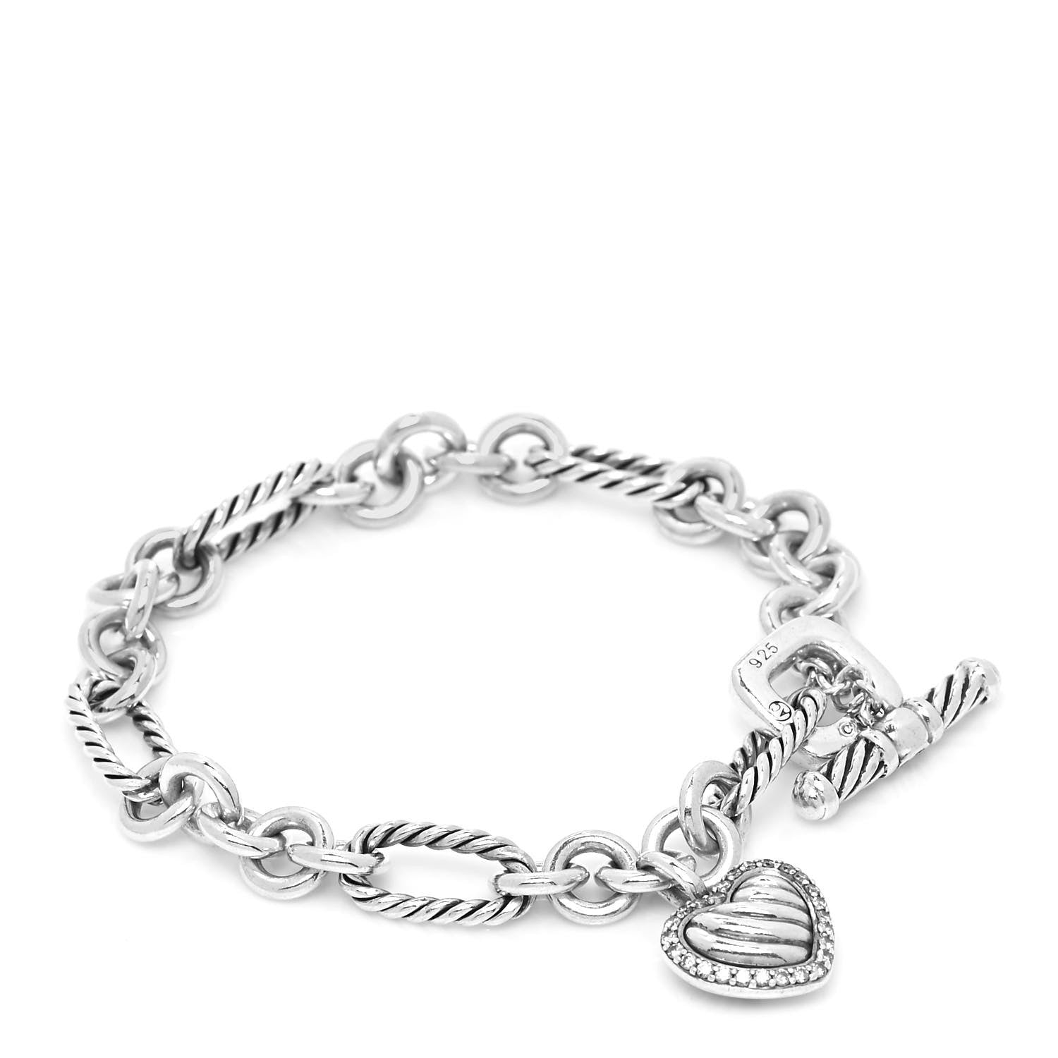 David Yurman Sterling Silver Diamond Cable Heart Charm Bracelet 1 of 5