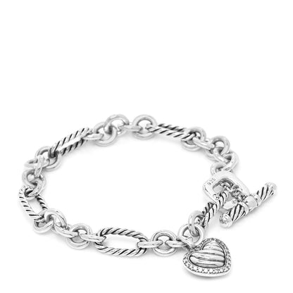 David Yurman Sterling Silver Diamond Cable Heart Charm Bracelet 1 of 5