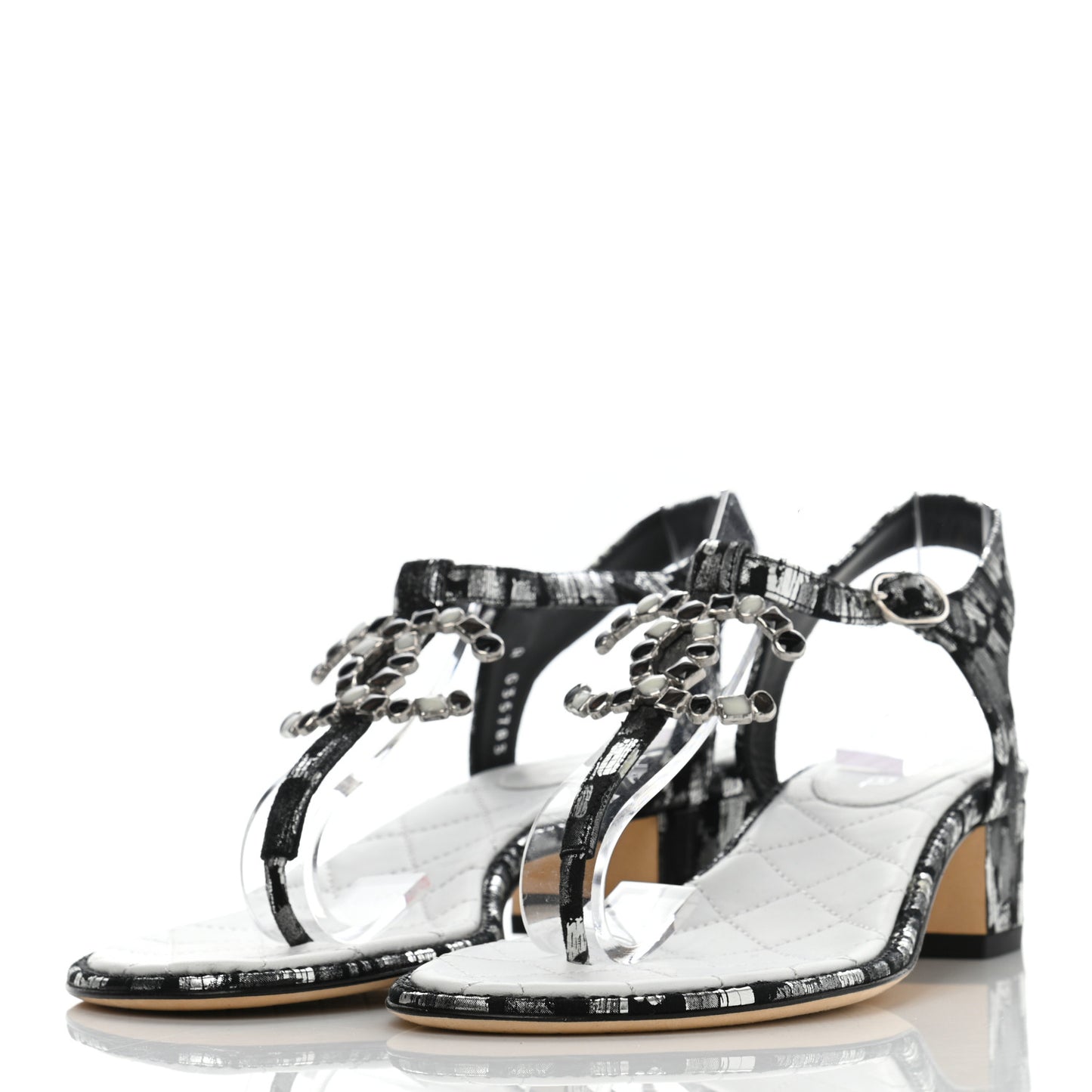Laminated Suede Goatskin CC Thong Sandals 38.5 Black Silver