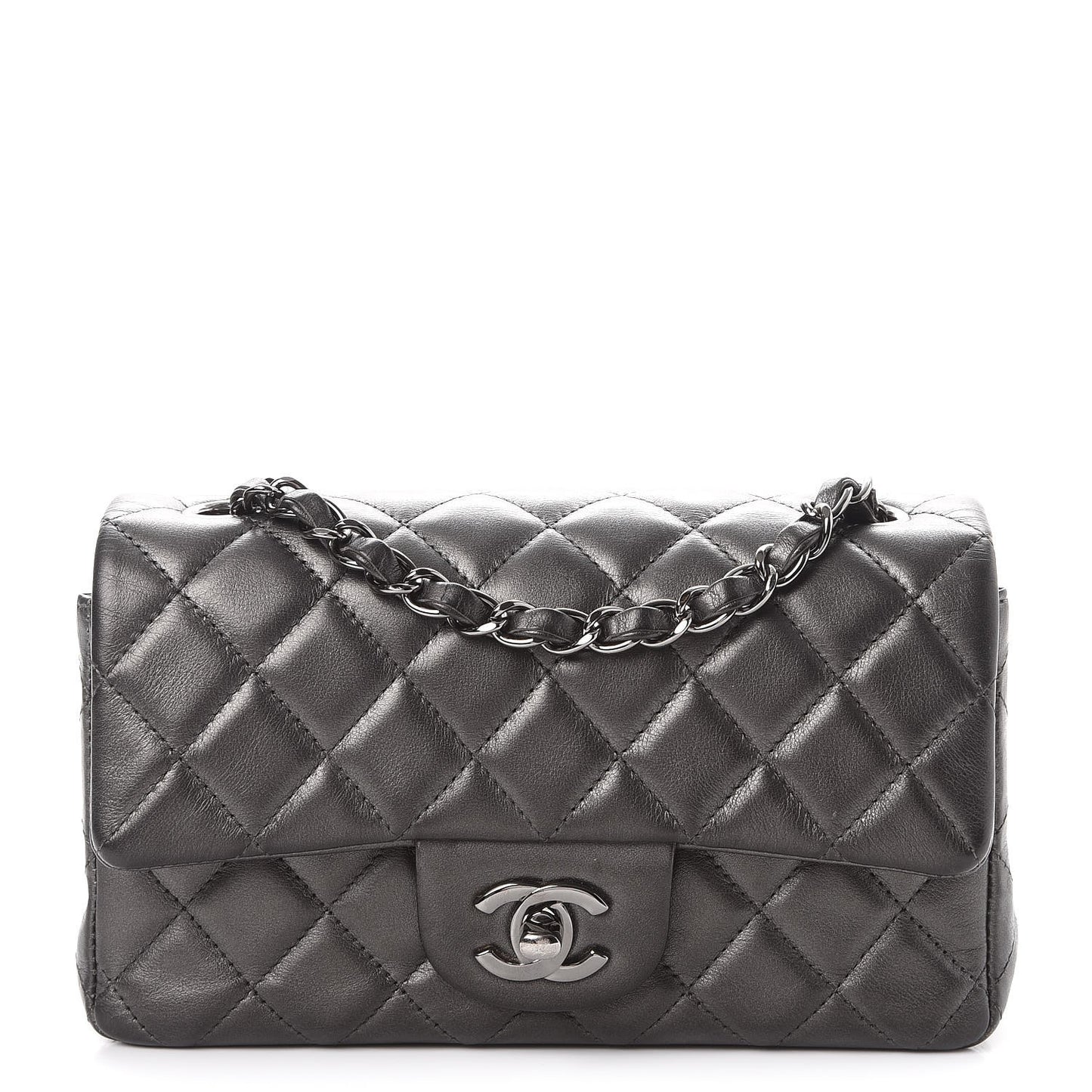 Metallic Lambskin Quilted Mini Rectangular Flap Dark Grey