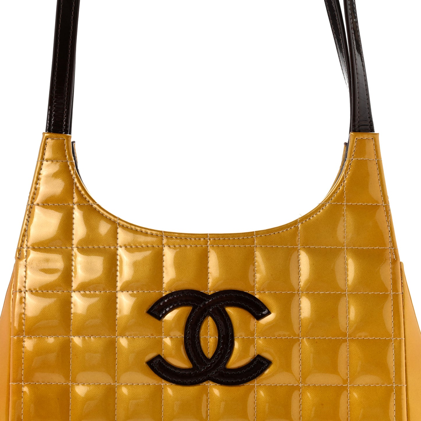 Patent Metallic Quilted Chocolate Bar Kiss Lock CC Shoulder Bag Gold