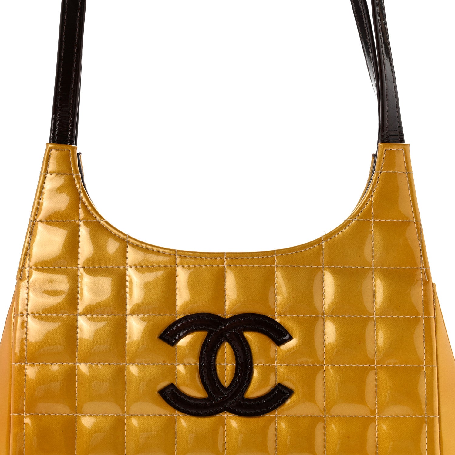 Chanel Patent Metallic Quilted Chocolate Bar Kiss Lock CC Shoulder Bag Gold 8 of 13