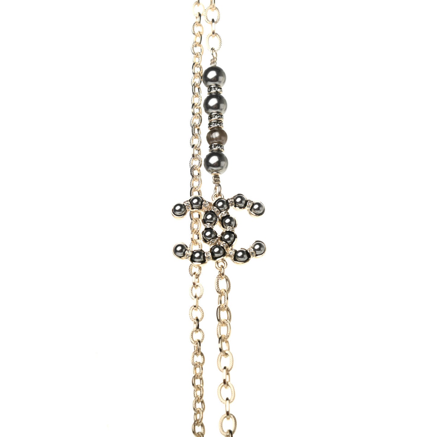 Pearl Crystal CC Long Necklace Gold
