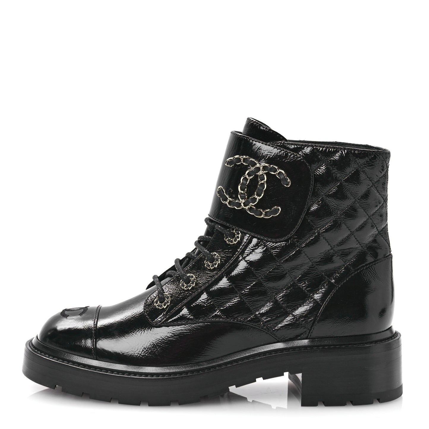 Shiny Goatskin Calfskin Quilted Lace Up Combat Boots 40 Black