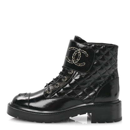 Chanel Shiny Goatskin Calfskin Quilted Lace Up Combat Boots 40 Black 1 of 8