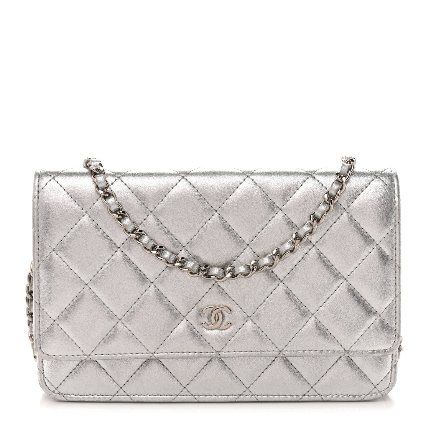 Metallic Lambskin Quilted Wallet On Chain WOC Silver