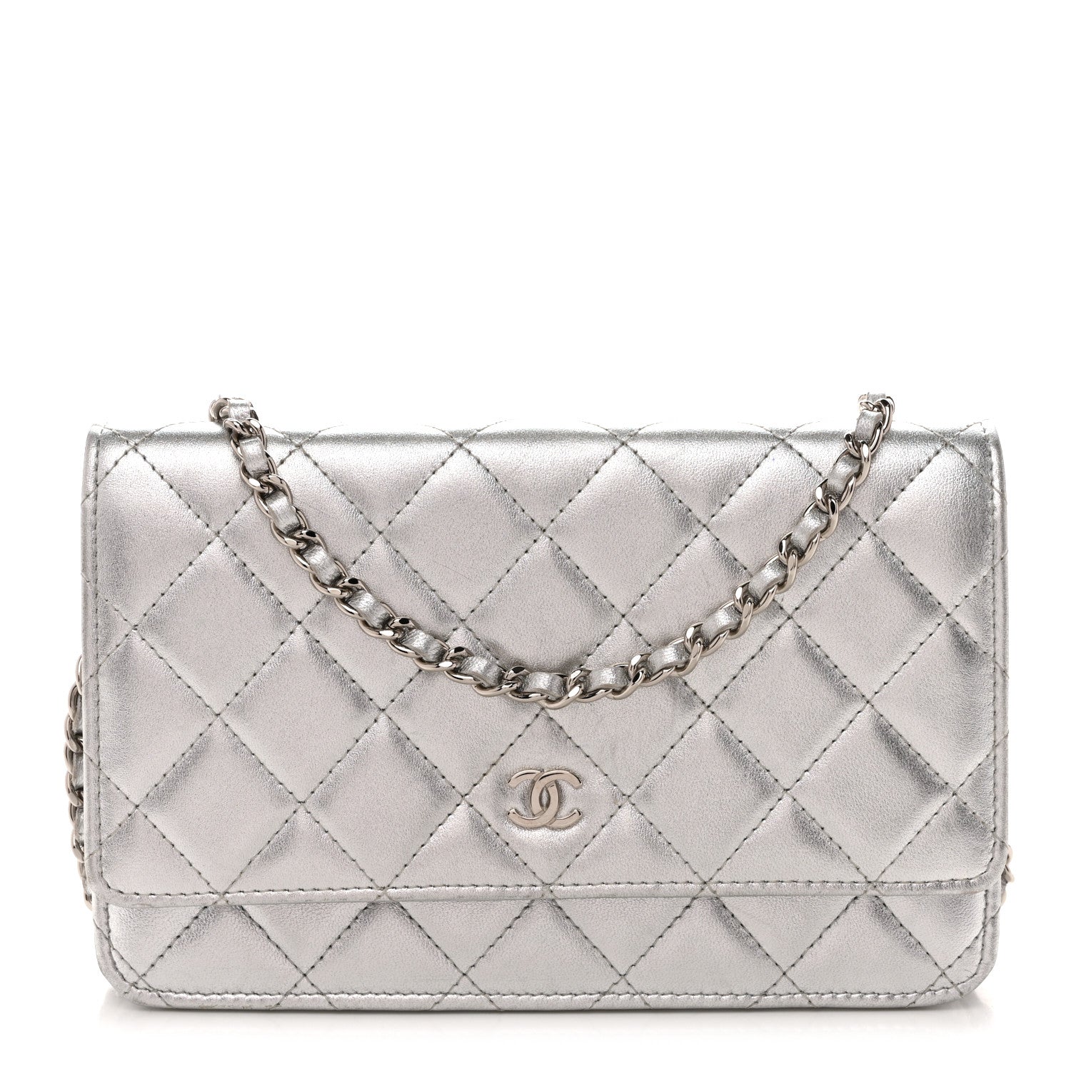 Chanel Metallic Lambskin Quilted Wallet On Chain WOC Silver 1 of 14