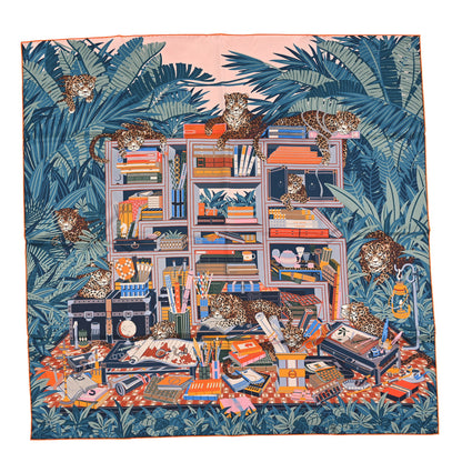 Hermes Silk Les Douze Leopards Double Face Scarf 90 Rose Poudre Ardoise Orange 1 of 4