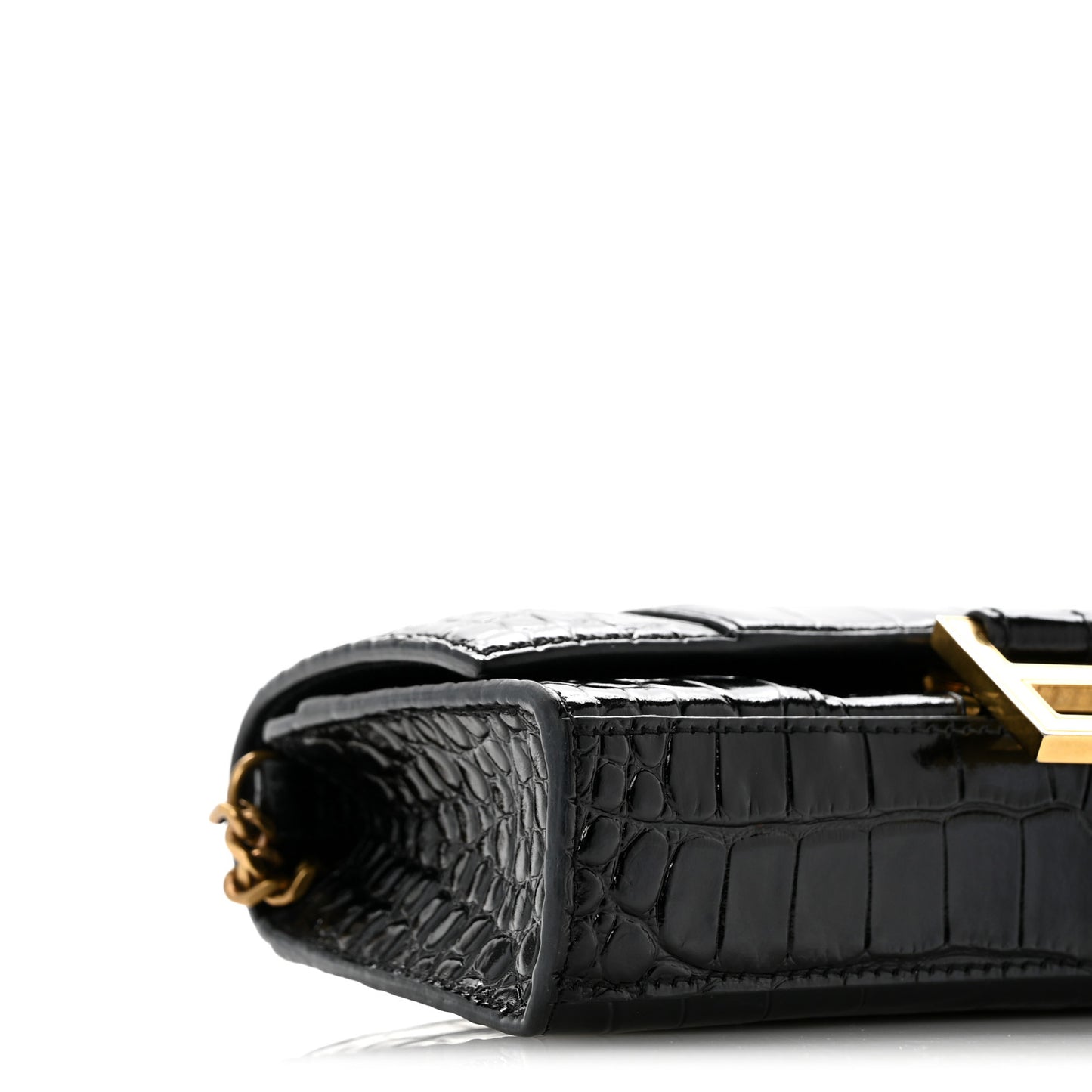 Shiny Calfskin Crocodile Embossed Hourglass Chain Bag Black