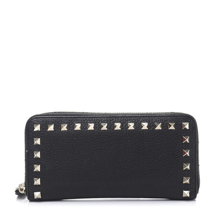 Valentino Garavani Pebbled Calfskin Rockstud Zip Around Wallet Black 1 of 12