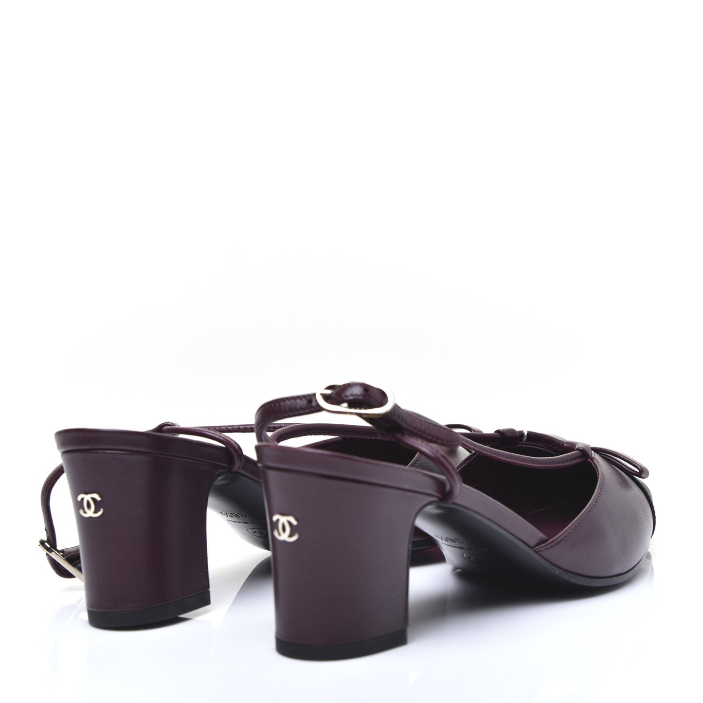 Lambskin Satin Slingback Cap Toe Bow Pumps 36.5 Burgundy Black